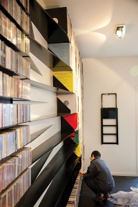 The steel shelving unit in the studio