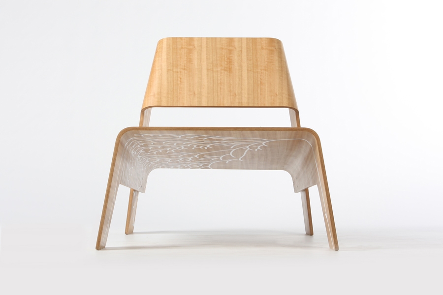 Oru (2010), a low chair made from sustainably managed Tasmanian oak veneer, with a graphic motif by Mitchell Whitelaw