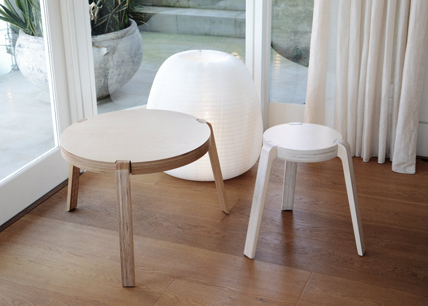 The Triple table and stool (2011), made from ply, are designed with interchangeable legs