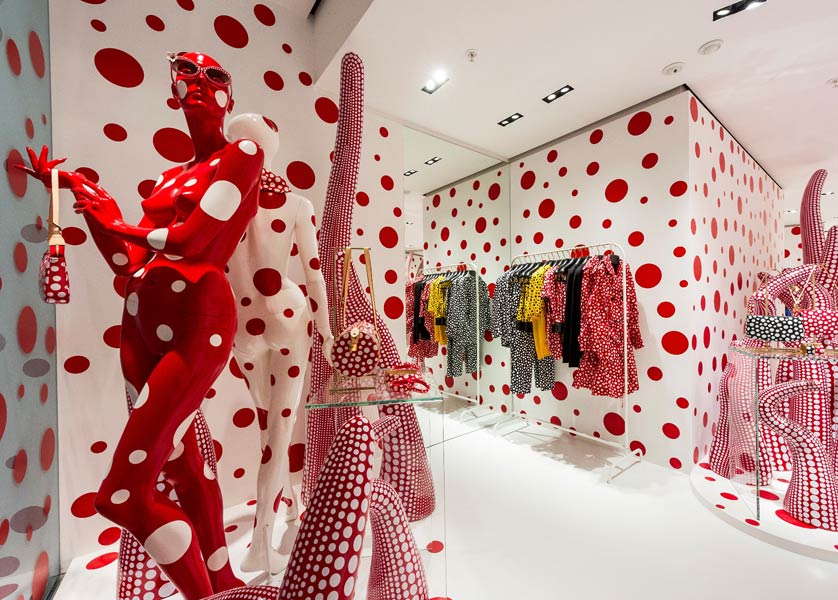 The 2012 collaboration with Yayoi Kusama saw the walls, windows and displays of Louis Vuitton stores in Hong Kong (below) and Paris transformed by the artist’s signature polka dot motif