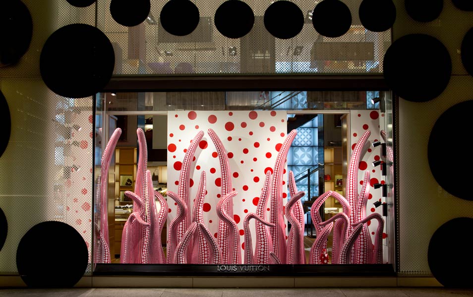 At the Louis Vuitton store on Fifth Avenue, New York, Kusama’s polka dot realm engulfed the building’s facade