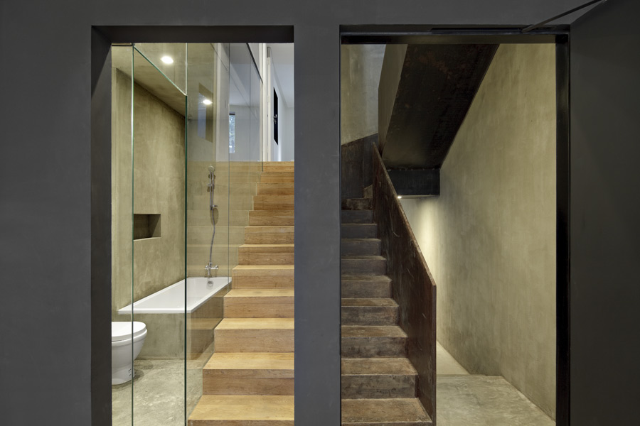 Dual access stair with contrasting timber finish
