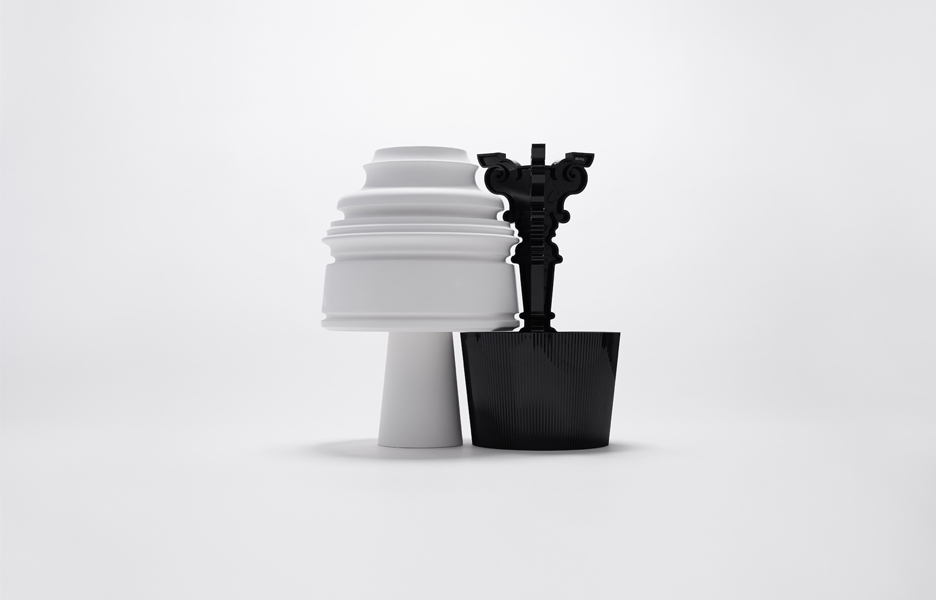 The new Eigruob lamp (white) and the iconic Bourgie lamp (black)