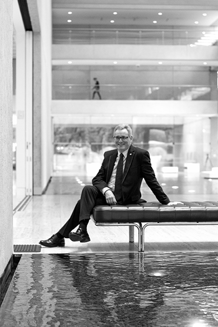 Chris Saines, CNZM, Director of QAGOMA in the Watermall at the Queensland Art Gallery