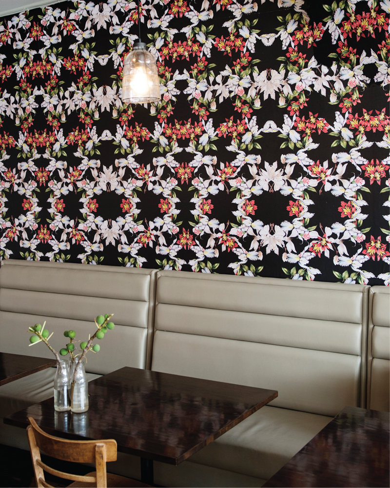 Iris and Roses wallpaper has been used to great effect at the Bendigo Street Milk Bar. Image by Georgina Matherson