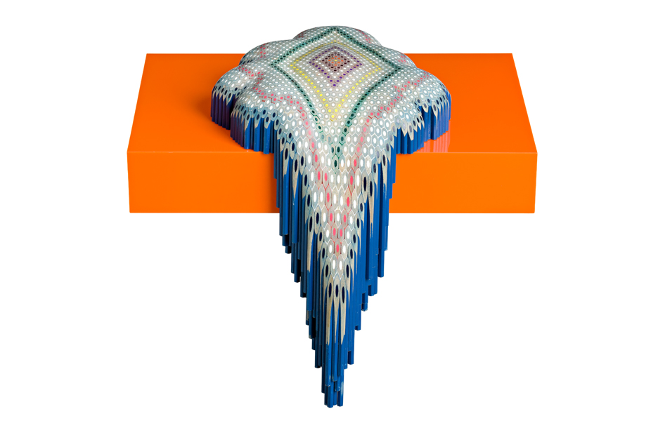 Pattern spill 2014. Lionel Bawden. Coloured Staedtler pencils, epoxy & incralac on perspex shelf. 34.0 x 27.0 x 29.0 cm. Image courtesy Karen Woodbury Gallery and the artist.