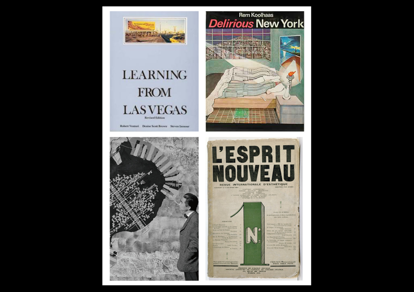 From left to right (clockwise): Learning From Las Vegas; Delirious New York; Metabolism founder, Kenzo Tange and the Tokyo Bay project; and, L’Esprit Nouveau, Volume 1, 1918