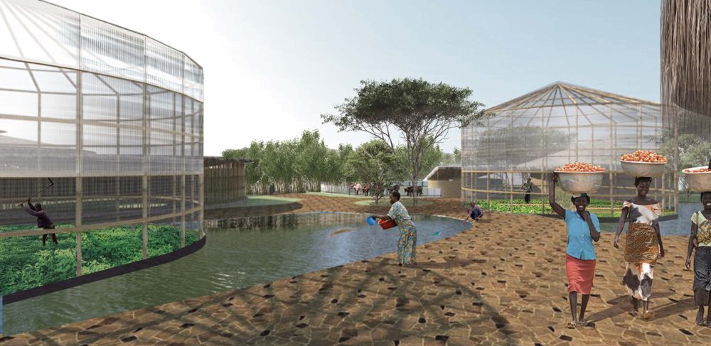 The buildings are tailor-made to suit the local climate. Clay brick walls and big openings cool down the classrooms during the hot day, while in the bedrooms, heat absorbed by the concrete block wall will help to keep the interiors warm at night. Double layered roofs (straw and vault) provide for cross-ventilation, and chimneys allow hot air to rise and exit the buildings.  O2DA's design also utilises local sustainable materials such as bamboo. Along the perimeter of the site, bamboo will be planted as fencing, to also cater as a future building material.