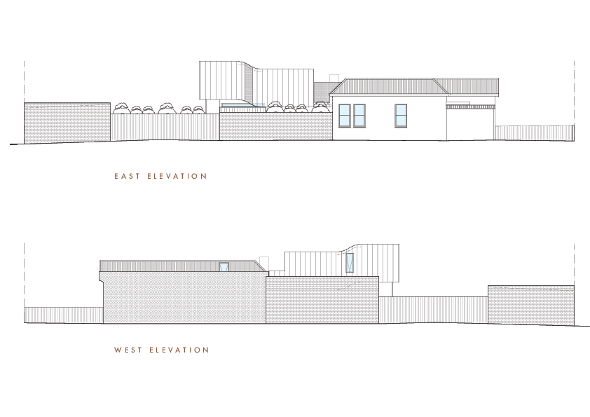 Elevations showing the curving roofline of the extension.