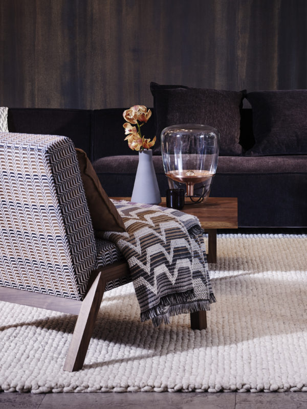 Spence & Lyda ’Lounge Chair #3’. Walnut frame upholstered in Missoni Home ’Santafe #174’. Missoin Home ’Socrate #100’ wool throw.