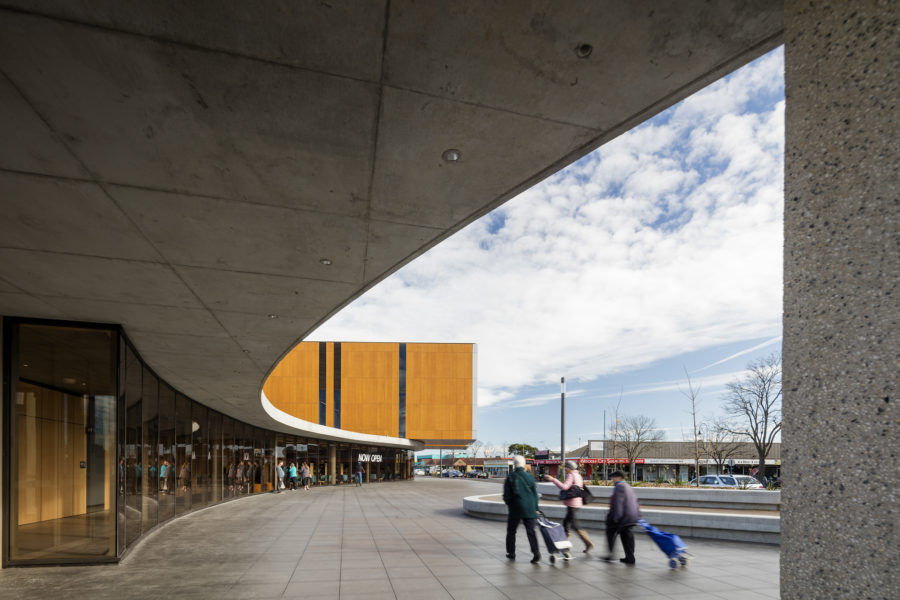 Frank Bartlett Library & Services Centre by FJMT is known at the 'community centre' in the town of Moe, Victoria. Photo by John Gollings.