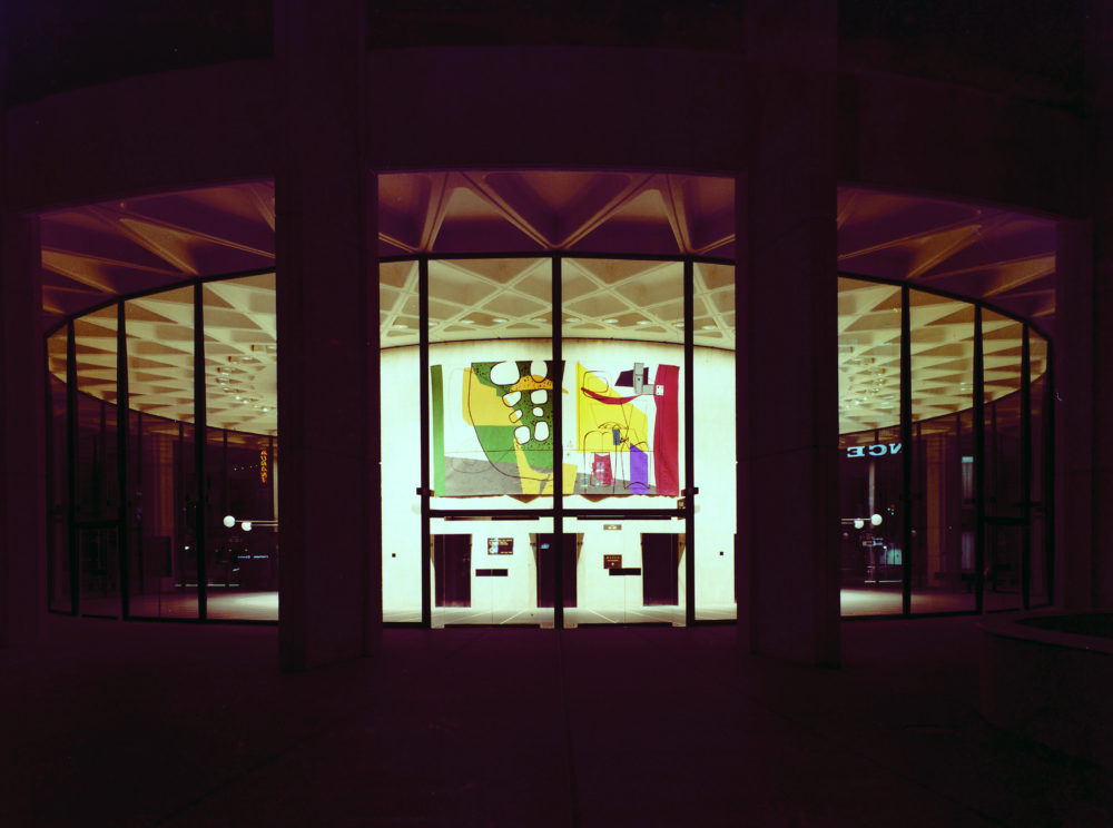 Rib structure seen in the entrance lobby with tapestry by Le Corbusier.