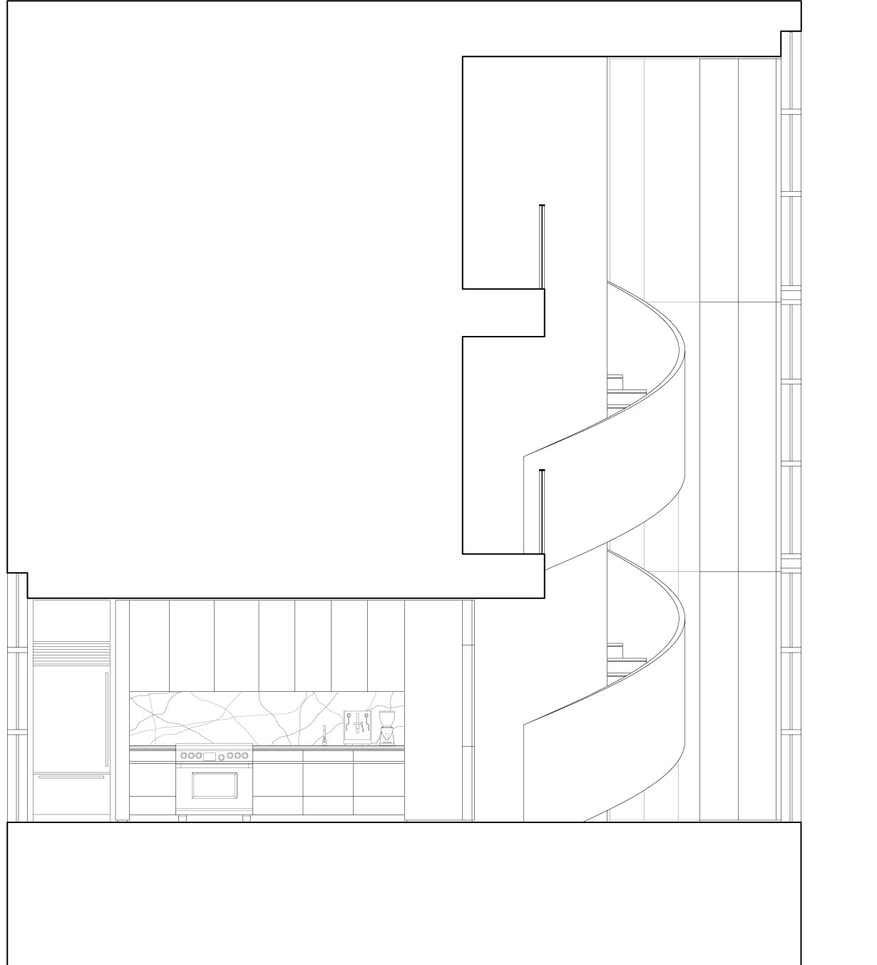 A section drawing shows the void space with corkscrew stair.
