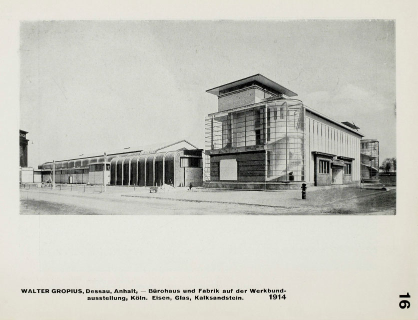 Factory and office building, Cologne, in iron, glass and limestone by Walter Gropius, 1914.