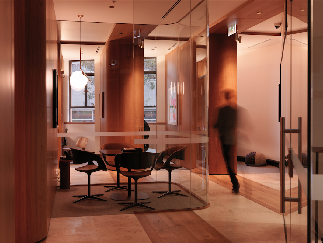 Glass-walled meeting room at The Office Space in Sydney. Photo by Trevor Mein.