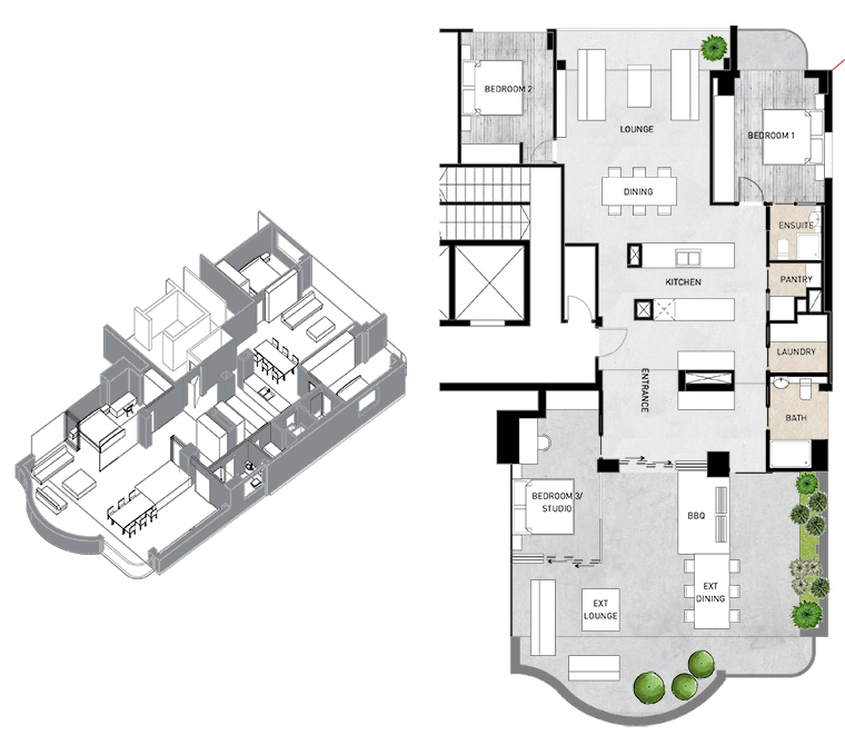 The floor plan and axo drawing of the revised and reworked space.