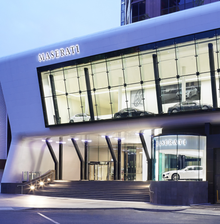 Maserati showroom designed by Elenberg Fraser. Photo courtesy dormakaba.