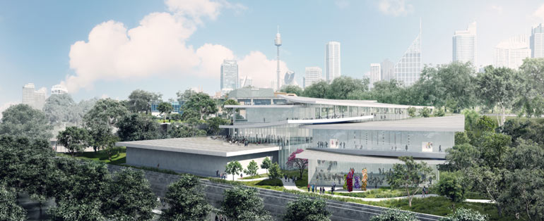 A render of SANAA's proposed design for the Sydney Modern Project, which shares aesthetic similarities to other projects by the firm.
