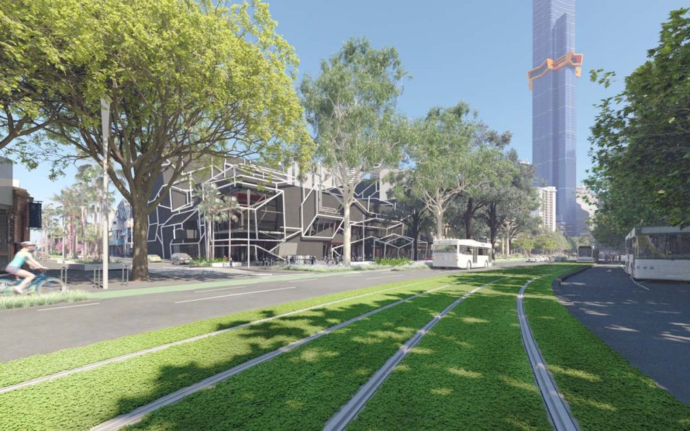 Southbank Boulevard looking west from St Kilda Road with proposed green tramway.