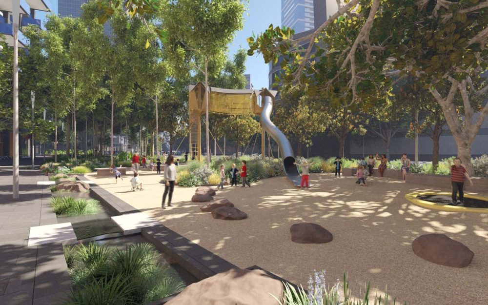 Kavanagh Street to Fawkner Park with new trees and play space.