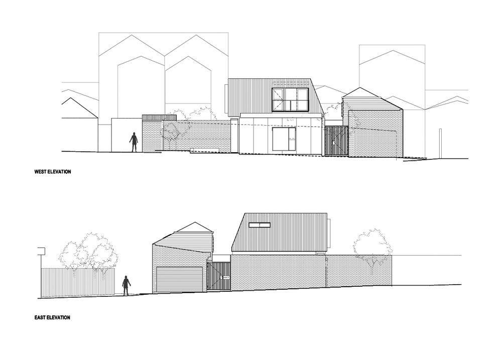 The elevations highlight the surrounding structures – existing terrace house, garage and studio.