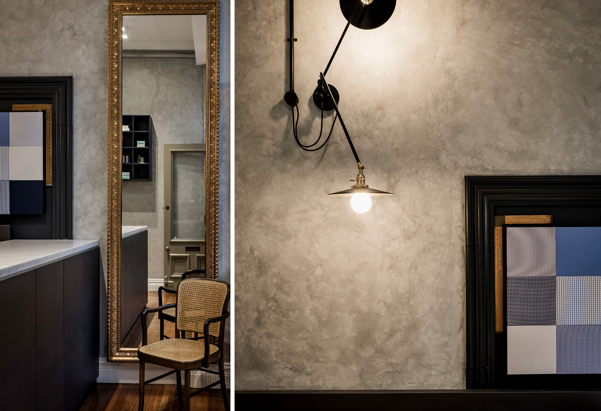 Black MDF is used to re-clad the front of the counter. A large gold framed mirror is another existing element that marries well with the new design.