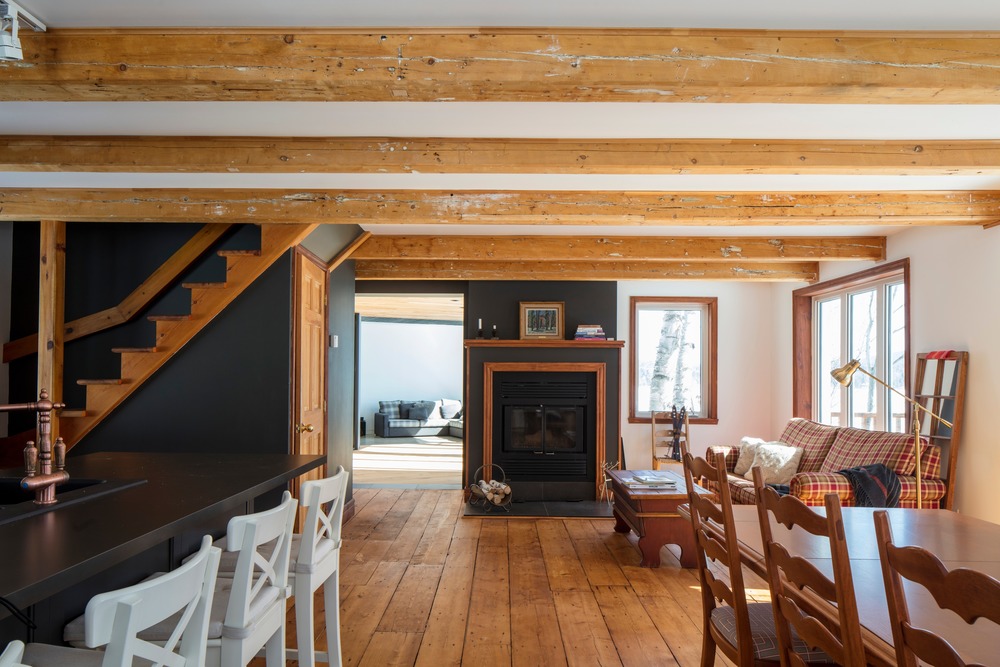 A fireplace in the vast living room