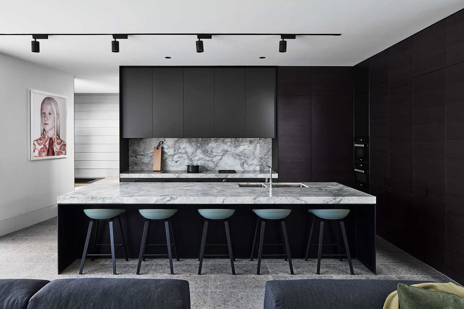 New open plan kitchen with black steel detailing