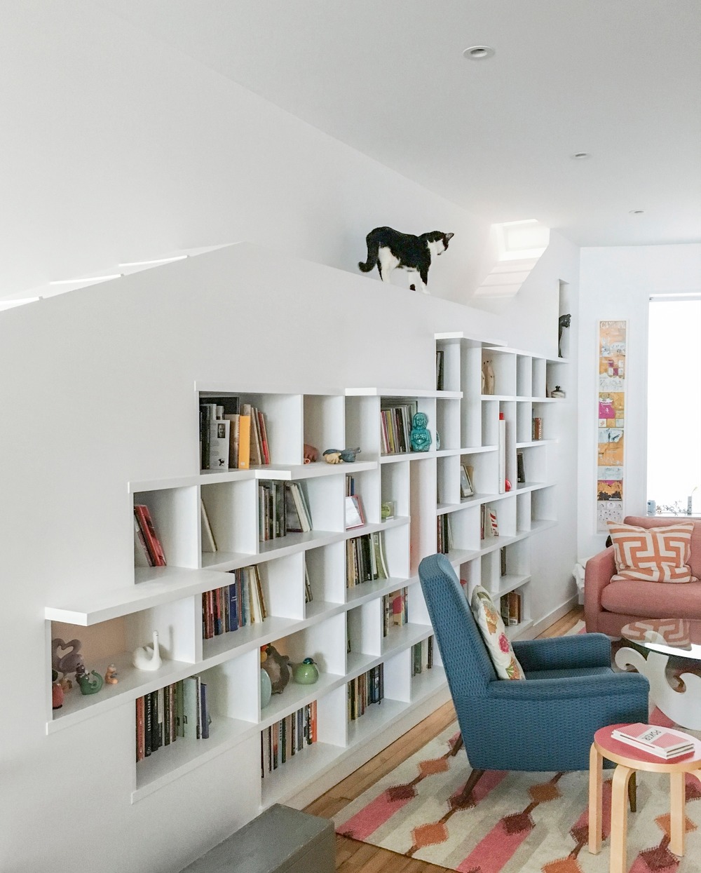 A cat walks along the bookshelf in this Brookly, NY home