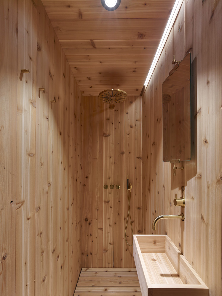 The wooden bathroom