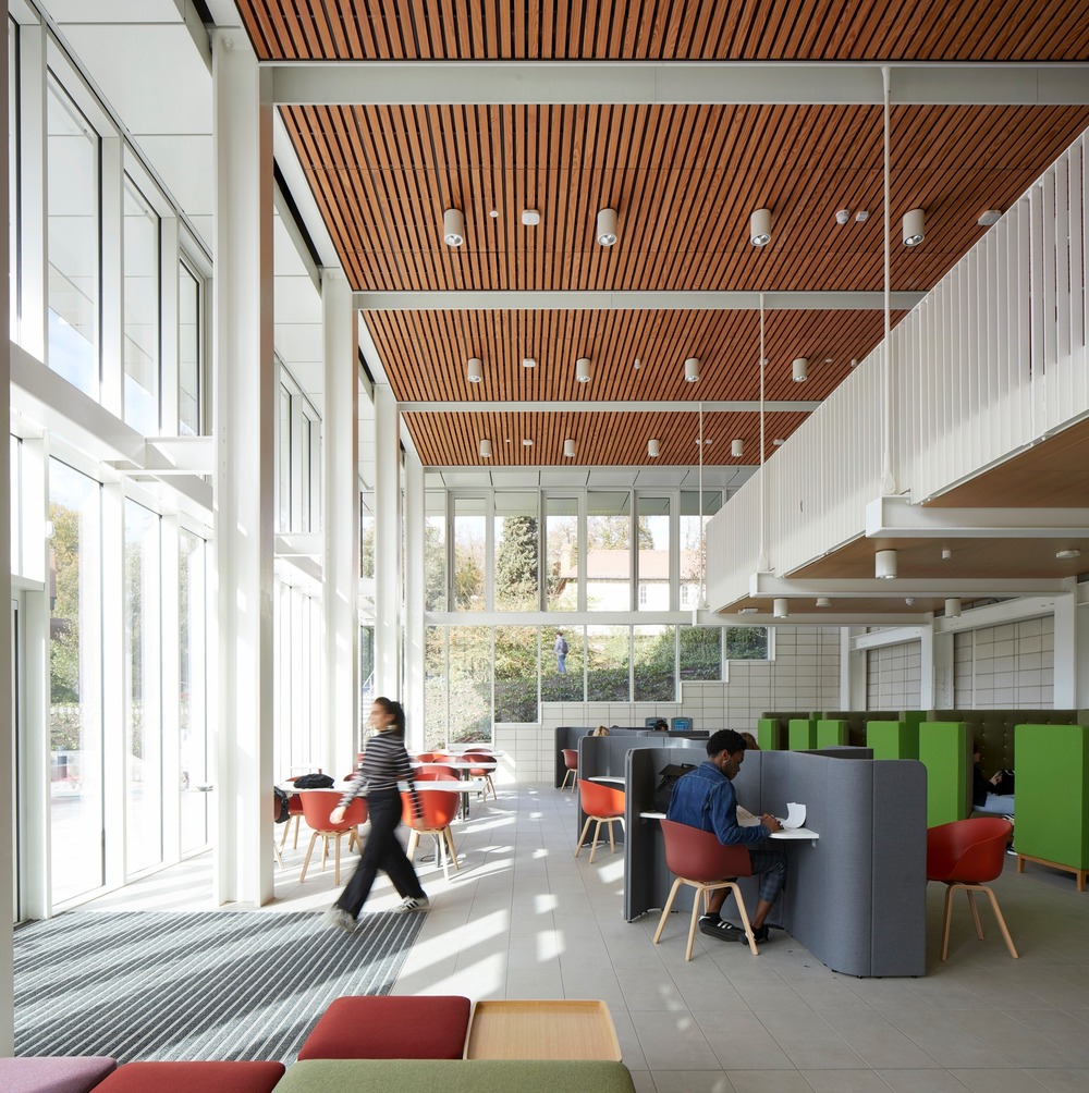 The learning hub at the entrance to the building has a mezzanine where students can study and socialise