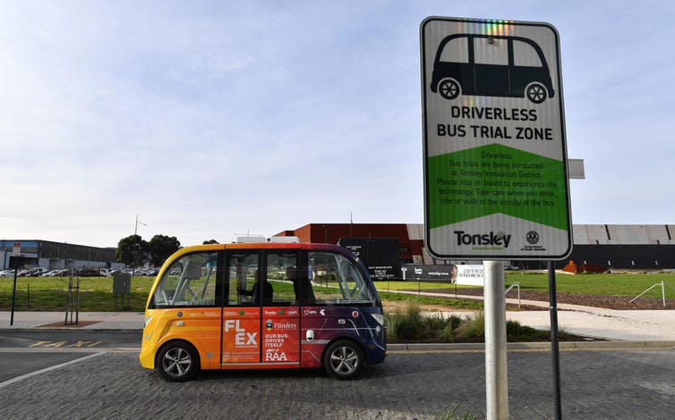 Adelaide’s driverless electric shuttle for the Tonsley Innovation District is part of a five-year trial of autonomous vehicle tech. David Mariuz/AAP