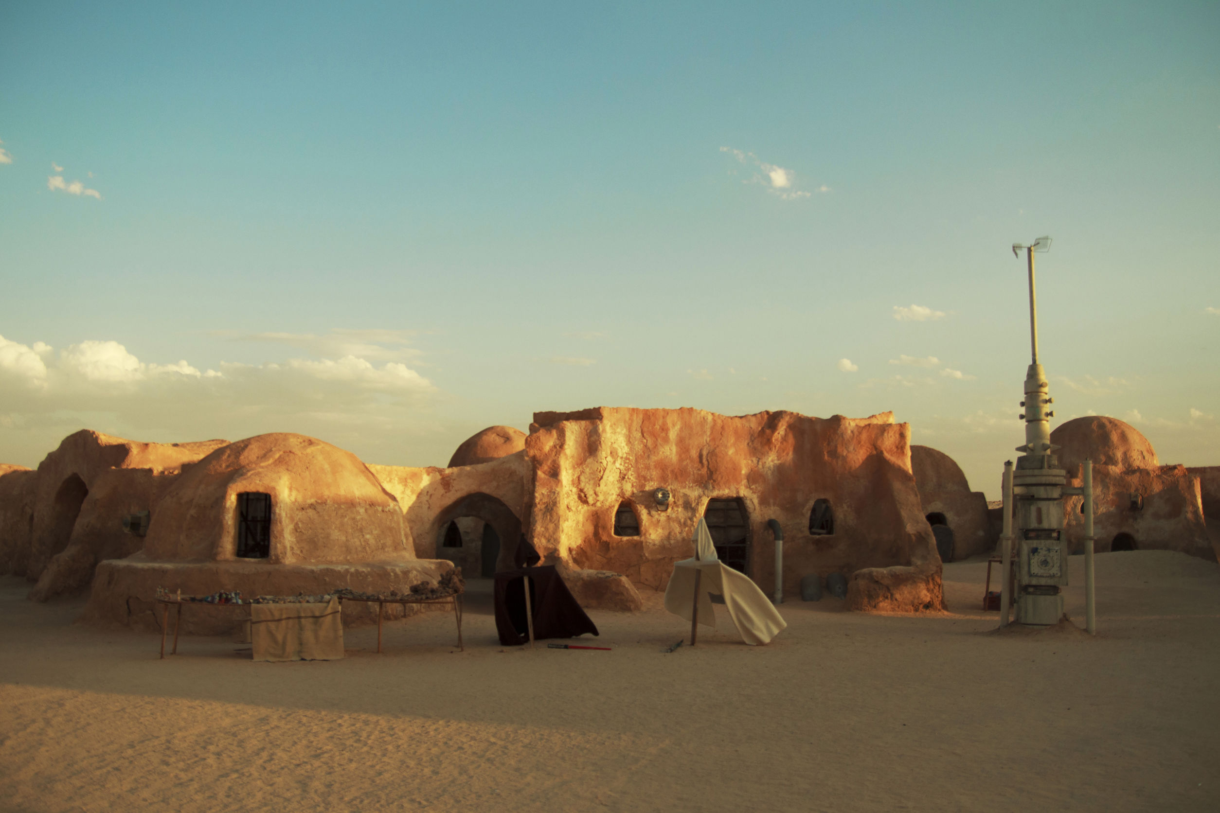 Star Wars decor in a desert. Tatooine planet settelment