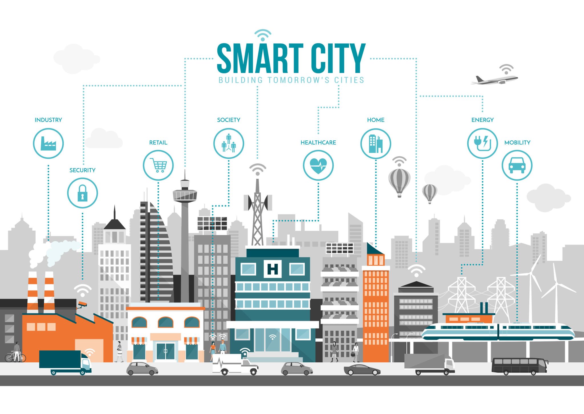 Smart city with smart services and icons, internet of things, networks and augmented reality concept