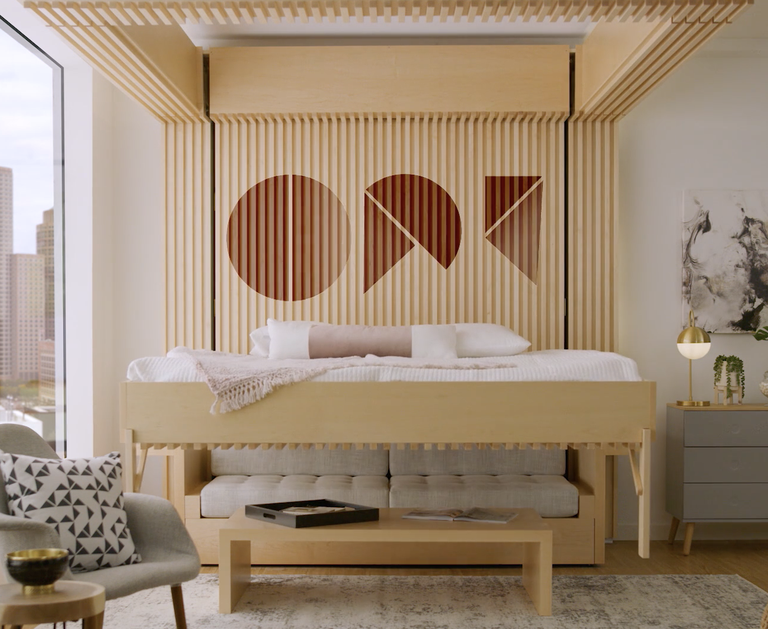 The Ori ‘Cloud Bed’ is lifted and lowered from a ceiling recess to create space that doubles as bedroom and living room. Ori/YouTube