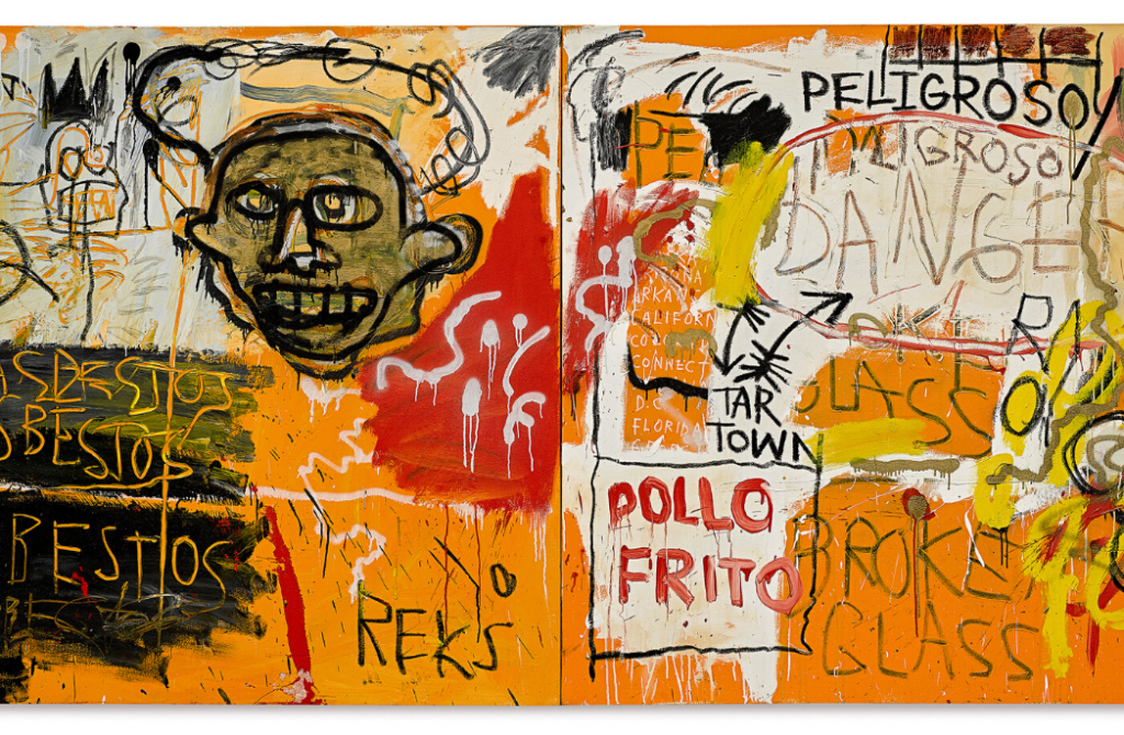 Jean-Michel Basquiat American 1960−88 Untitled (Pollo Frito) 1982 synthetic polymer paint, oilstick and enamel on canvas 152.4 x 306.1 cm Private European collection, courtesy of John Sayegh-Belchatowski © Estate of Jean-Michel Basquiat. Licensed by Artestar, New York 