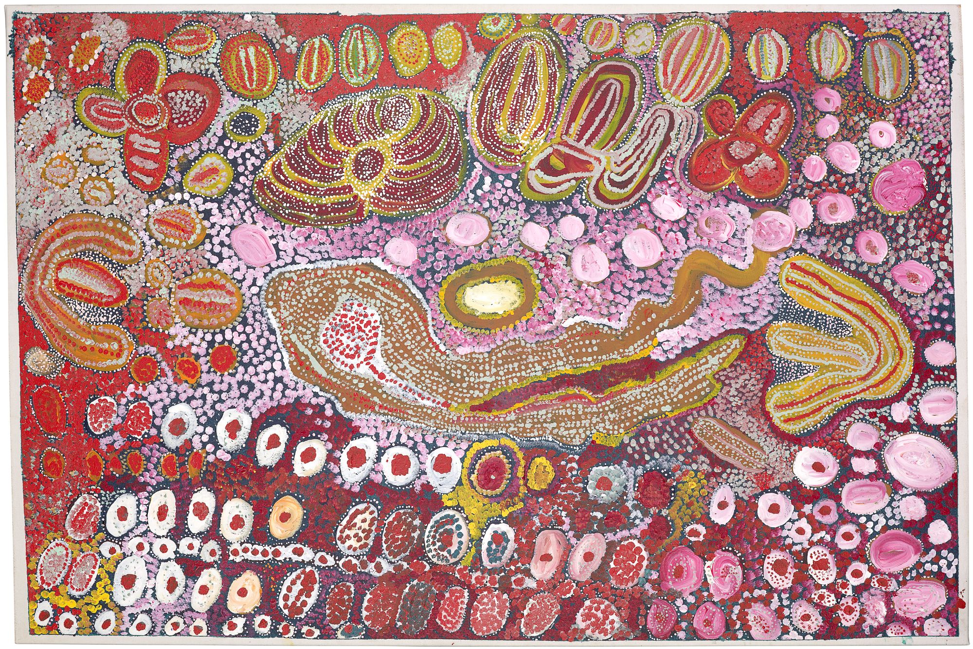 Wingu Tingima Minyma Tjuta (Seven Sisters) 2006 synthetic polymer paint on canvas 138.0 × 205.0 cm National Gallery of Victoria, Melbourne Purchased with funds donated by Supporters and Patrons of Indigenous Art, 2006 © Wingu Tingima/Licensed by Copyright Agency, Australia Photo: Christian Markel / NGV