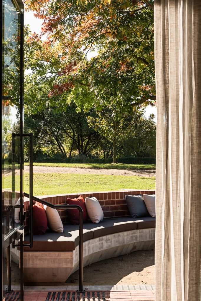 A view to the new outdoor dining spaces at All Saints estate, historic vineyard in Victoria.