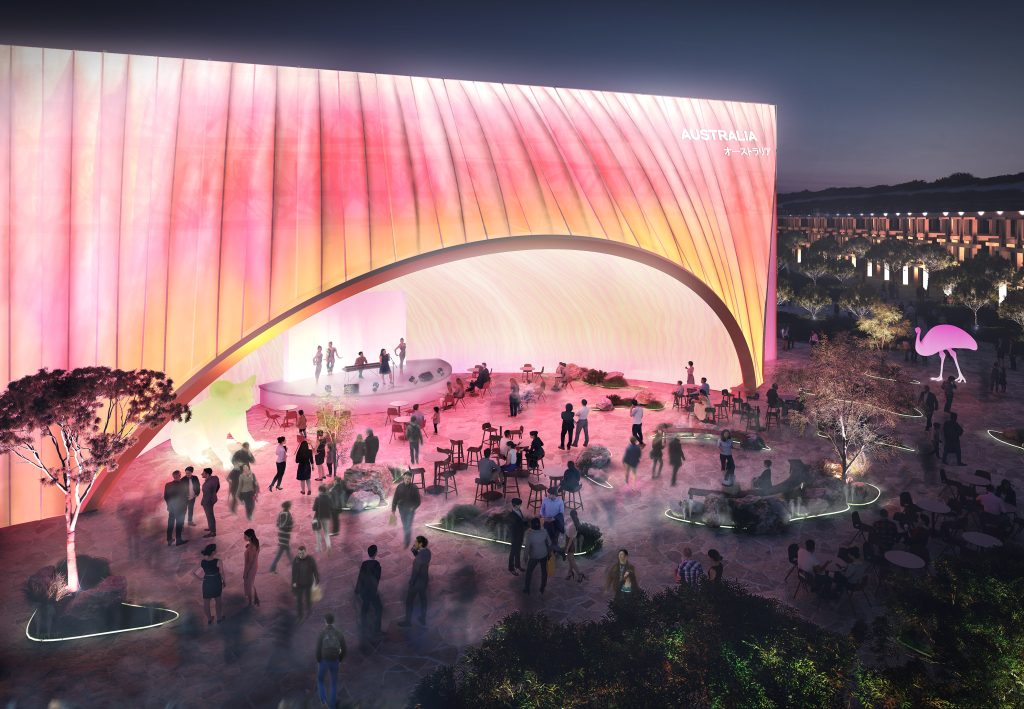 The bright colours of eucalyptus gum blossoms will be a feature of Buchan's design for the Australian Pavilion for Expo 2025, Osaka, reflecting Australia's vibrant contemporary society. Render: FloodSlicer