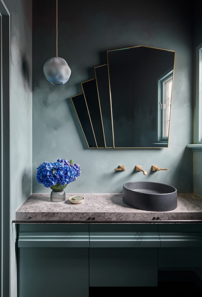 The powder room in the 'Dawn to Dusk' home by Kim Kneipp. Photography by Lisa Cohen.