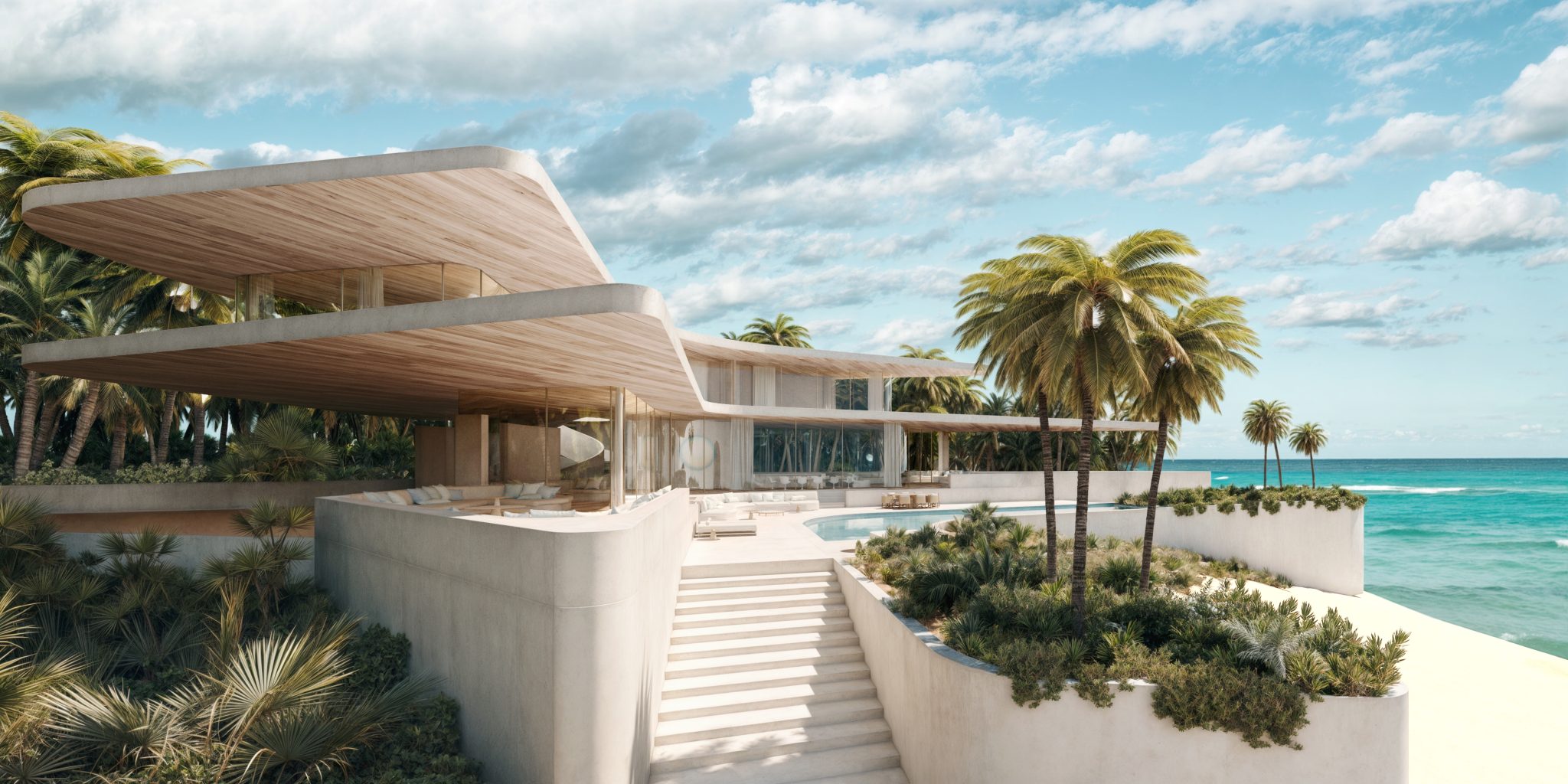 Rob Mills Architects. A two roofed wide residence by the sea with palm trees and a sweeping exterior staircase (RMA)