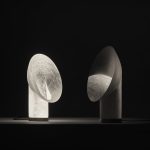Two glass sculptural pieces against a black backdrop. Ross Gardam